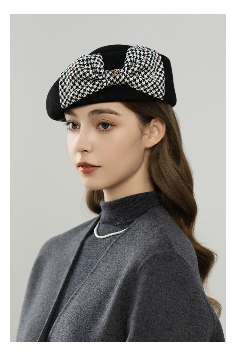 Mũ beret len nữ vành lật kẻ caro nơ phong cách Anh quốc ấm áp — đen chi tiết 5