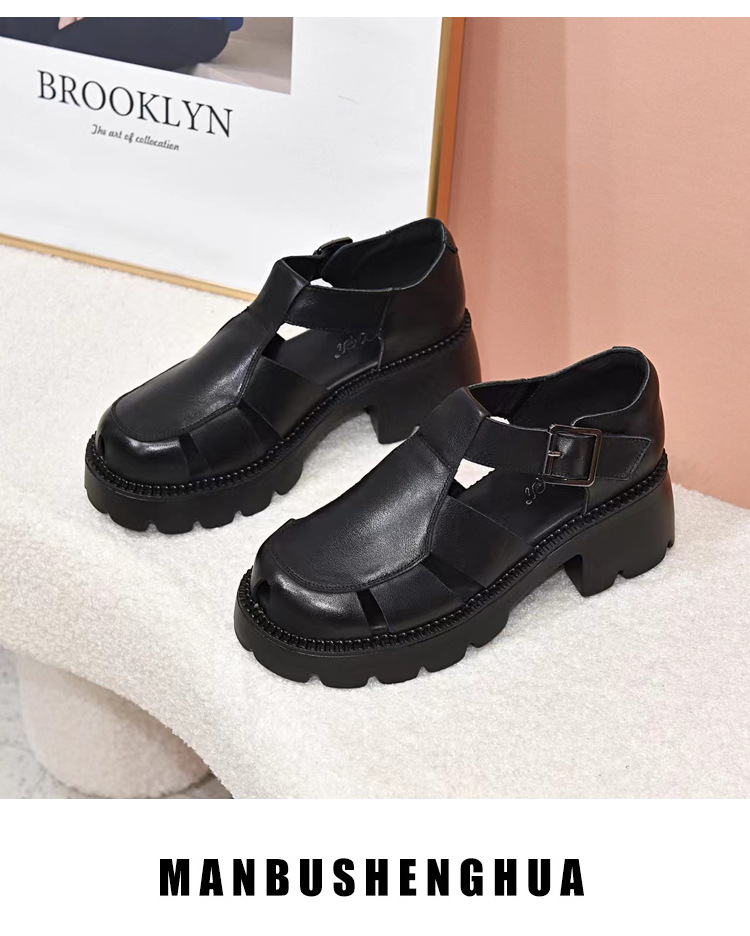 Giày sandal nữ bít mũi da thật phong cách retro đế dày gót thấp — Màu nâu chi tiết 16