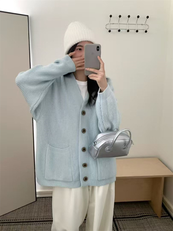 韩系秋冬新款休闲学院风针织衫女纯色宽松简约慵懒风开衫毛衣外套|undefined
