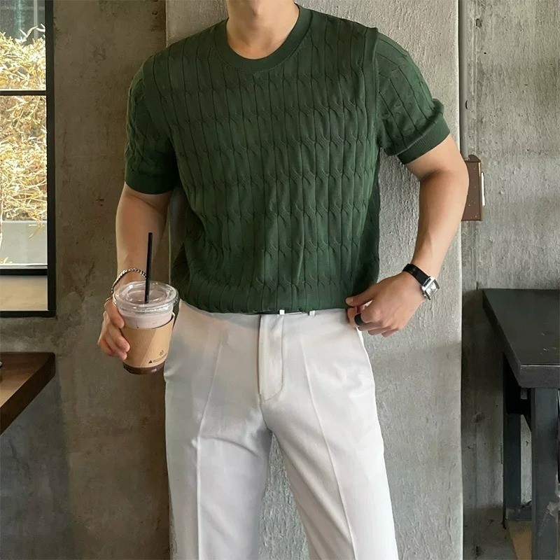 Herren-Poloshirt in schmaler Passform, koreanischer Stil, einfarbig, lässiges Kurzarm-Top, trendiges Strickoberteil für den Sommer_voghion.com