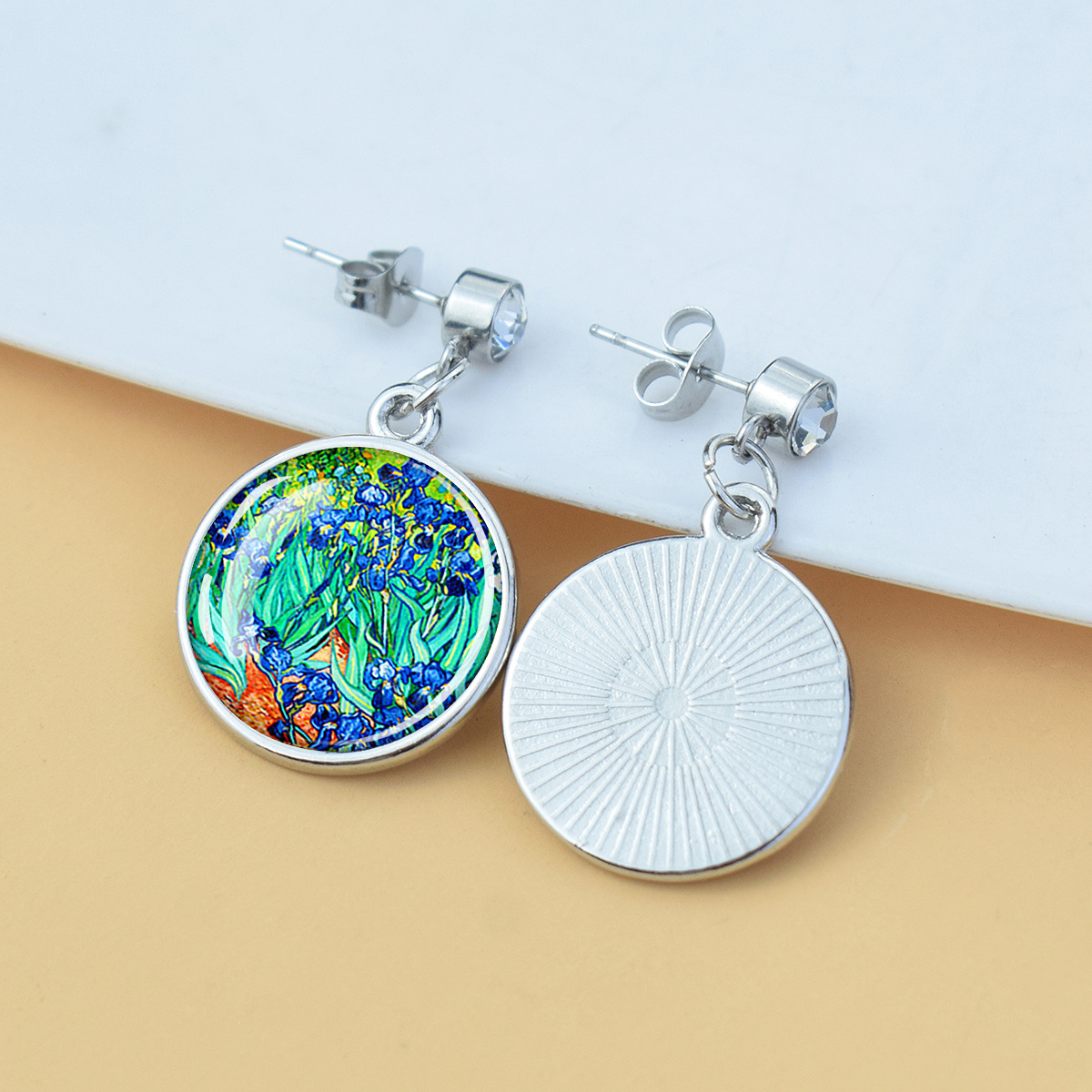 Pendientes de diamantes brillantes de flores Iris de girasol Van Gogh Art Starry Sky Pintura al óleo Pendientes de estilo europeo y americano medieval