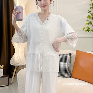 凉感蕾丝花边家居服冰丝睡衣女高贵轻奢宽松舒适长袖长裤两件套装