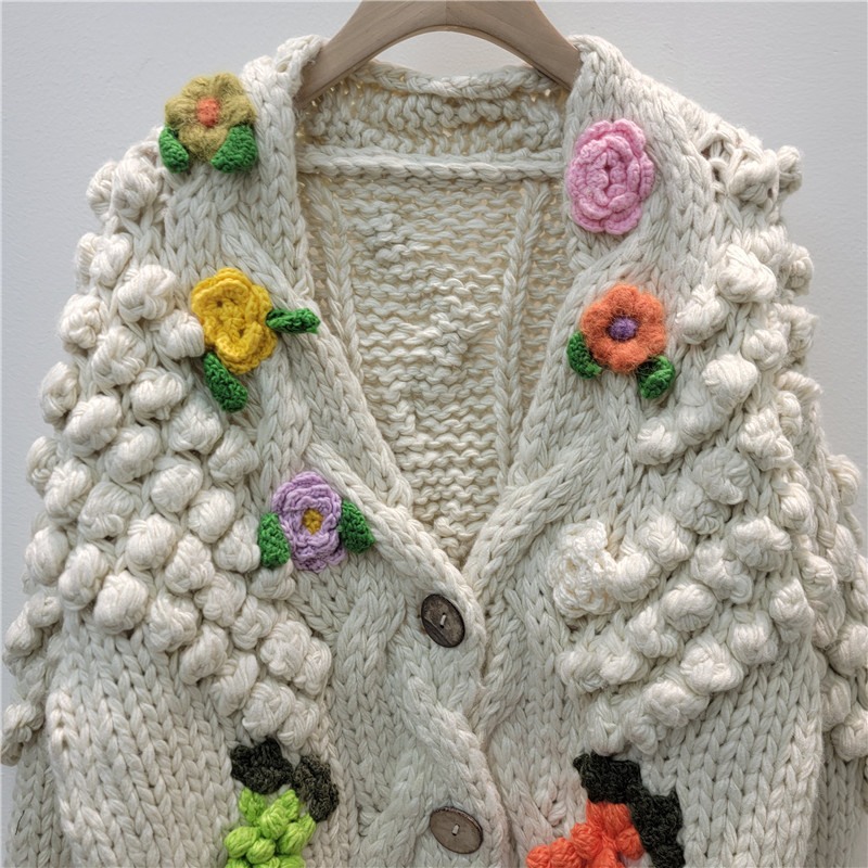 Flor tridimensional bola de lana de cuello en V de punto Cardigan mujeres 2025 invierno nuevo abrigo de estilo de mujer suelto dulce