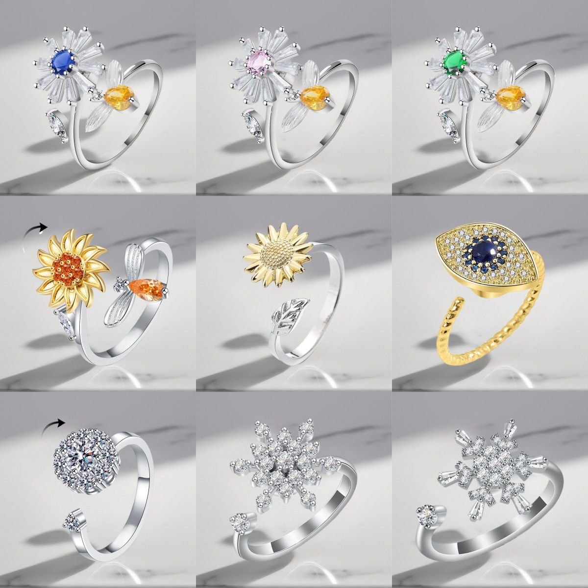European and American Best-Selling Cross-Border Personalized Versatile Light Luxury Rotating Ring, Adjustable Silver-Plated Zircon Ring with Bee Design