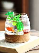 北欧花田 轻奢木托底桌面摆件小型鱼缸水培绿植鲜花花器微景观瓶