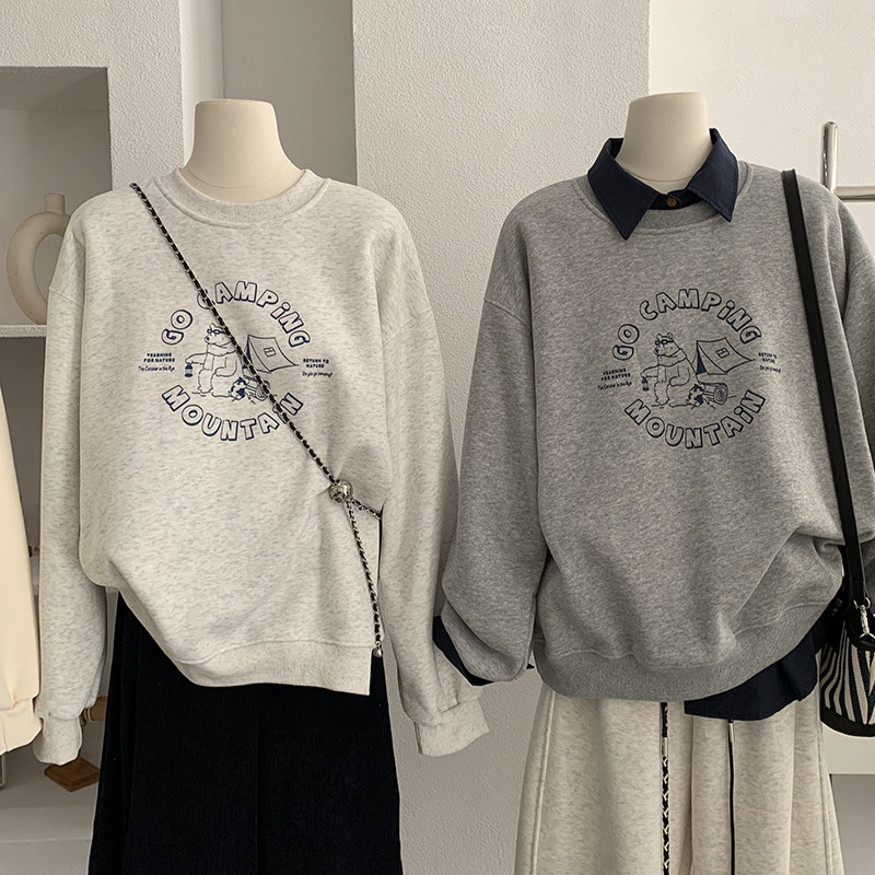 欧玛莱 婴儿绒圆领卡通字母印花圆领套头卫衣女宽松冬季上衣 5404