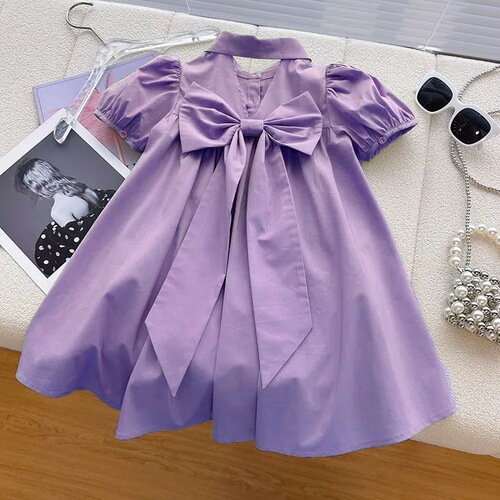 Women's Dress with Bubble Sleeve, Summer Style, Trendy 2024 New Design for Middle and Older Children, Polo Collar Casual Skirt