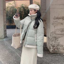 2023冬新款韩国日系羊羔毛拼接羽绒棉服女短款加厚翻领棉衣外套潮