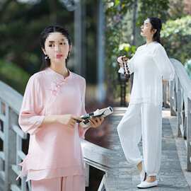 2025年新款中风汉服棉麻瑜伽疗愈服冥想服禅意茶服套装女禅修居