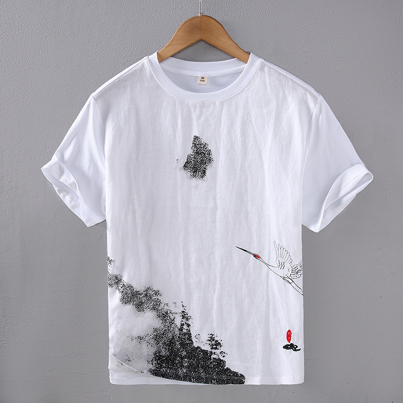 Summer new men's linen patchwork bamboo cotton T-shirt for men's casual short sleeved T-shirt with Chinese style crane print_voghion.com
