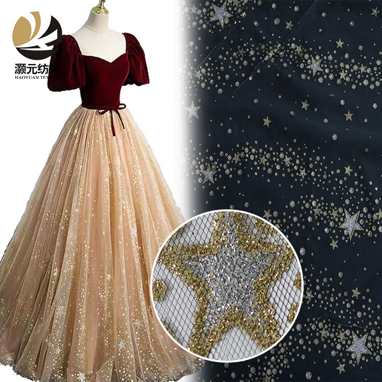 Fábrica de oro impresa en stock pentagonal estrella meteorita no cae polvo vestido de boda tela de malla decoración