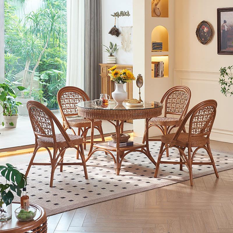 New Chinese Style Complete Dining Table and Chair Set, Plant Rattan Chair, Small Household Wabi-Sabi Style B&B Hotel Dining Table and Chair Combination