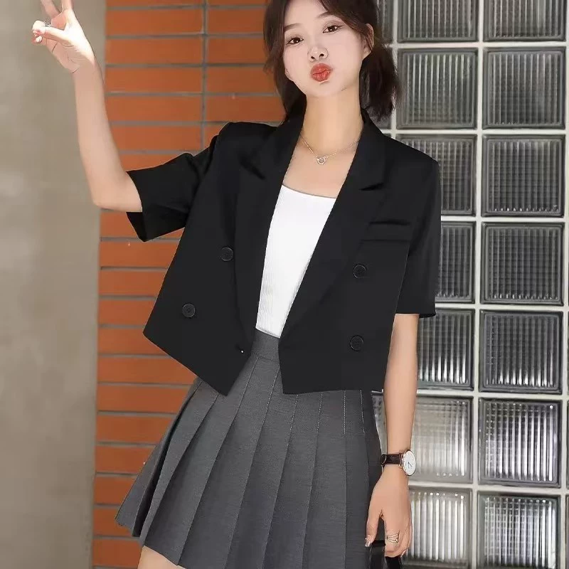 Черный женский пиджак, корейский стиль, свободный, тонкий, короткий, профессиональный темперамент, летний рабочий костюм, короткие рукава