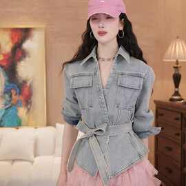 美式港风洗水牛仔短外套女可卸腰系带2026早春新款显瘦V领上衣