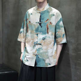 2025夏季中国风男装唐装短袖衬衫中式大码宽松印花衬衣男茶道服男