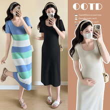 实拍针织方领条纹孕妇装连衣裙2025新款长款孕妇产后哺乳裙子
