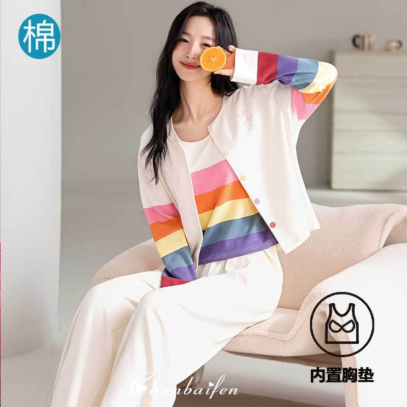 Chunbaifen Cotton Pajamas with Breast Pads for Women, Three-Piece Set, Spring and Autumn Colorful Dopamine 2026 Home Set Chunbaifen Cotton Pajamas with Breast Pads for Women, Three-Piece Set, Spring and Autumn Colorful Dopamine 2026 Home Set