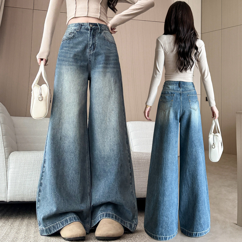 Real Shot of Versatile Denim Wide-Leg Embroidered Wide-Leg Pants for Women in Autumn 2025, Suitable for Petite Women 145cm