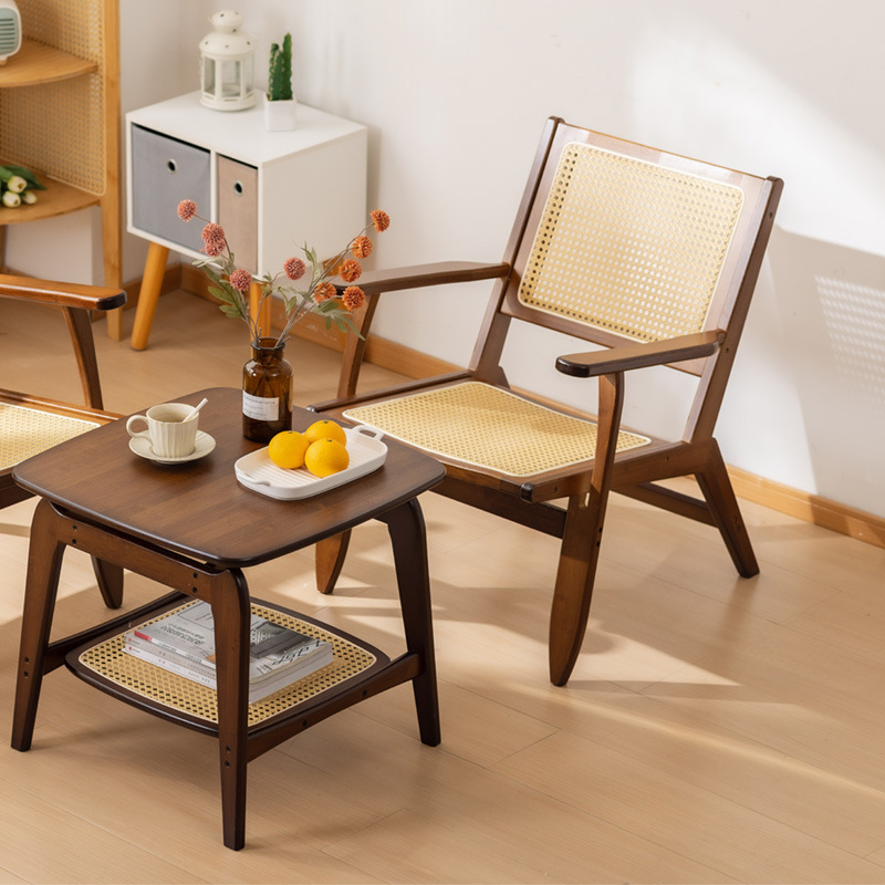 Silla de sofá individual de ratán, sala de estar, silla perezosa, balcón, silla de ocio simple, diseño de madera maciza, silla de casa de familia