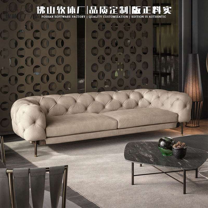 Medieval Style Retro Frosted Fabric Sofa Living Room Designer Light Luxury Straight Row Three or Four Person High Leg Pull Button Sofa