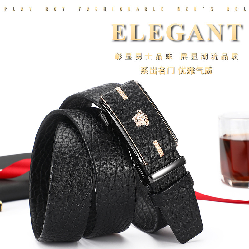 皮带奢侈男士野牛纹合金贴皮自动扣牛皮腰带百搭休闲简约裤带现货|undefined
