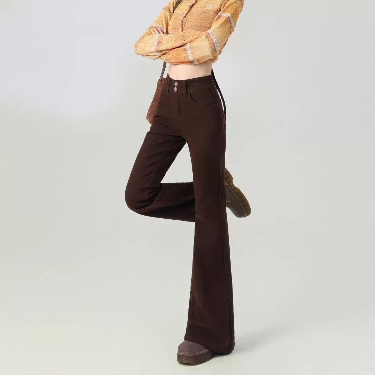 Brown Flared Jeans for Women, New Autumn High-Waisted Slimming Melard Bell-Bottom Pants for Petite Figures