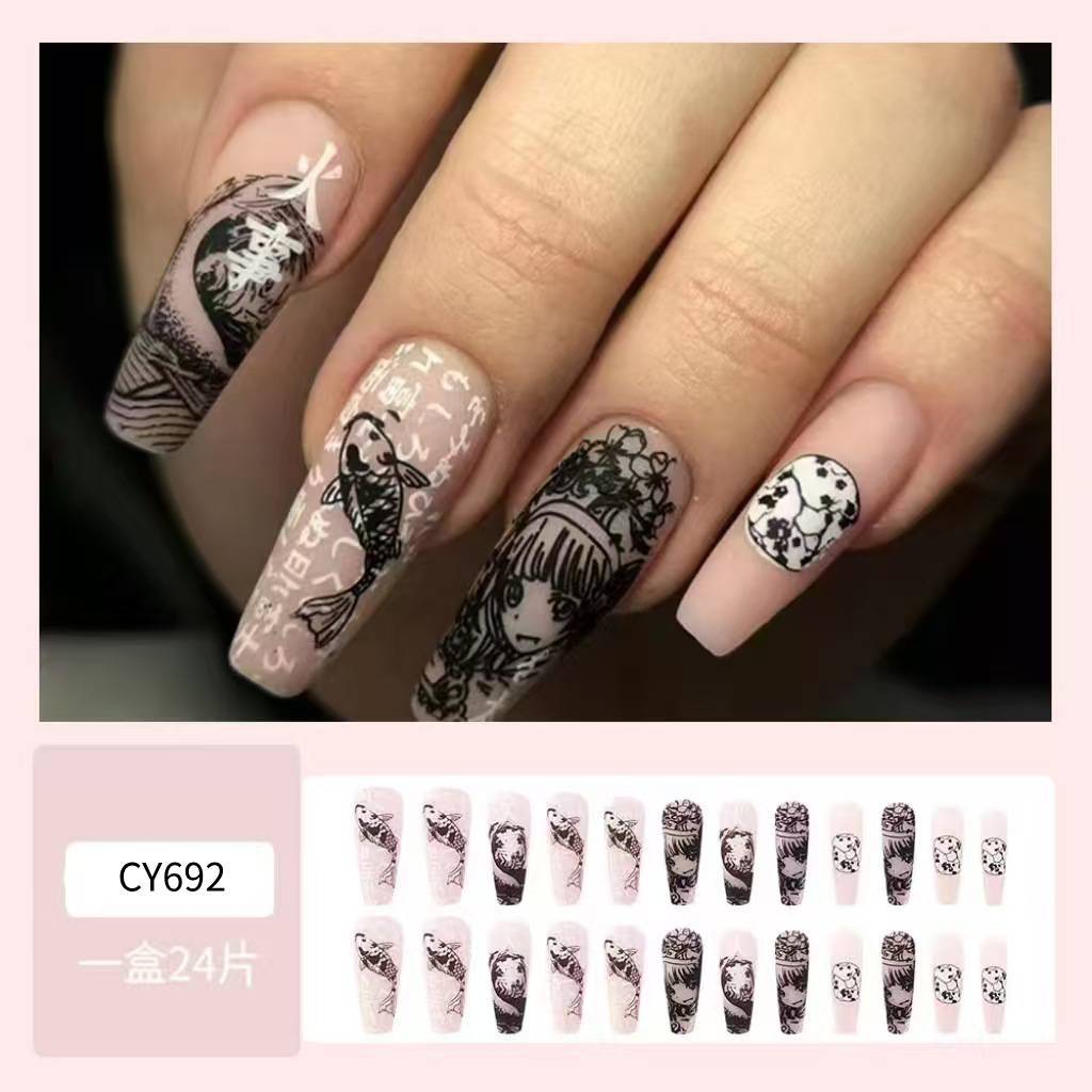 Europa y los Estados Unidos largo venta caliente desgaste de uñas ondas de graffiti koi girl nail patch transfronterizo explosión parche de uñas falsas