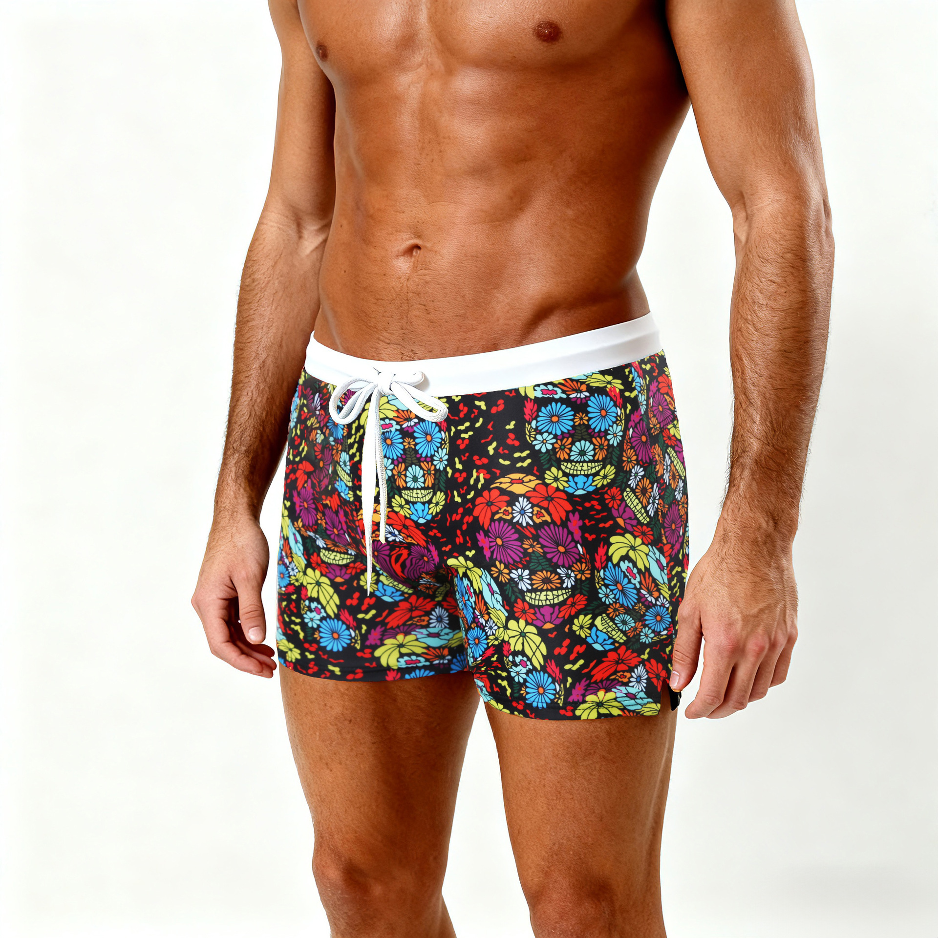 Zwembroek voor heren met doodskopprint, casual en comfortabel, met platte pijpen en splitjes aan de pijpen, gemaakt van nylon._voghion.com