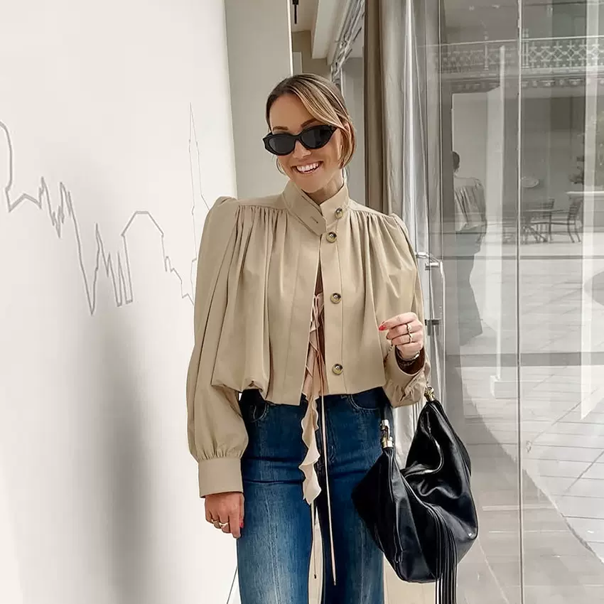 欧美秋冬时尚高级感休闲卡其色小立领长袖短款通勤百搭批发外套女