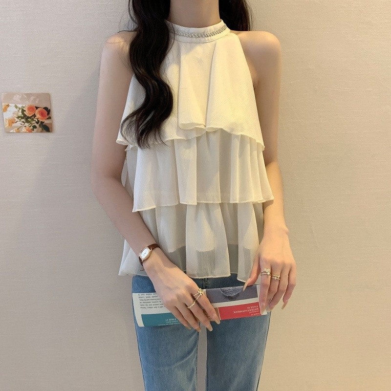 新しい甘いスタイルのホットガールノースリーブショルダーシャツ夏ルーズ蓮の葉デザイン不規則なシフォンシャツトップ女性用|undefined