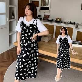 2026夏季新款大码短袖连衣裙女胖妹妹200斤遮肚藏肉假两件A字裙子