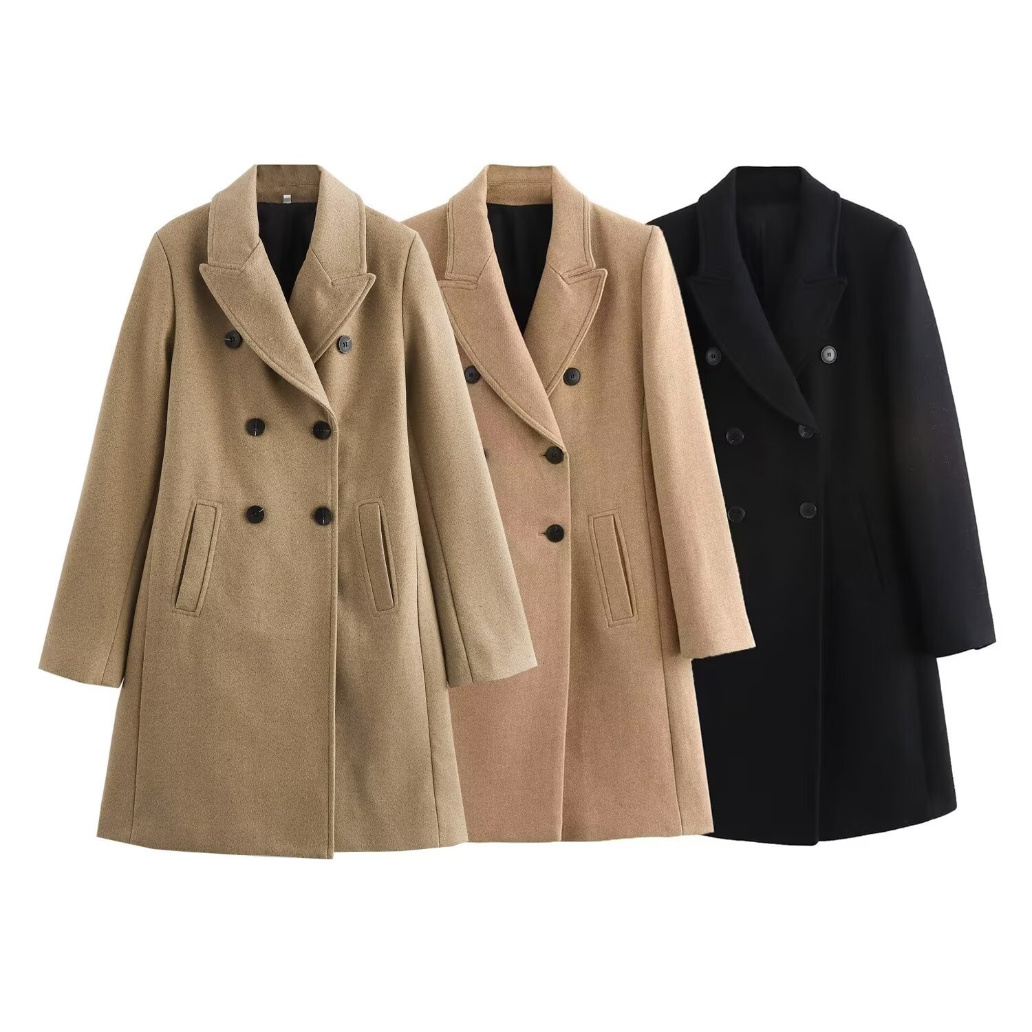 跨境欧美风女装新款百搭通勤混纺双排扣翻领长袖宽松休闲大衣外套