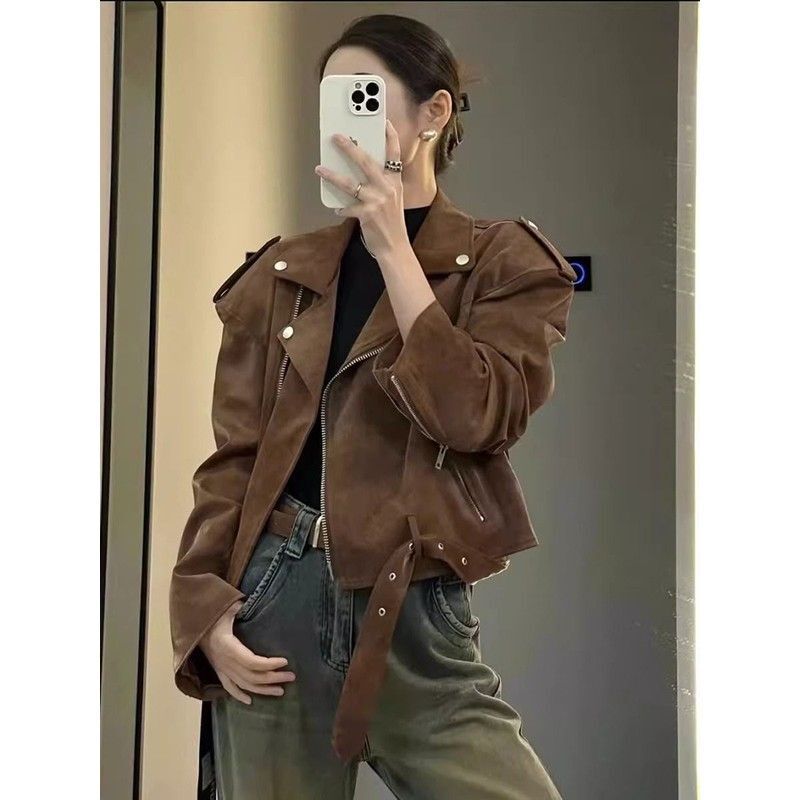 Brown Suede Leather Jacket for Women, New Autumn and Winter Design, Niche Short Style, American Retro Motorcycle Jacket