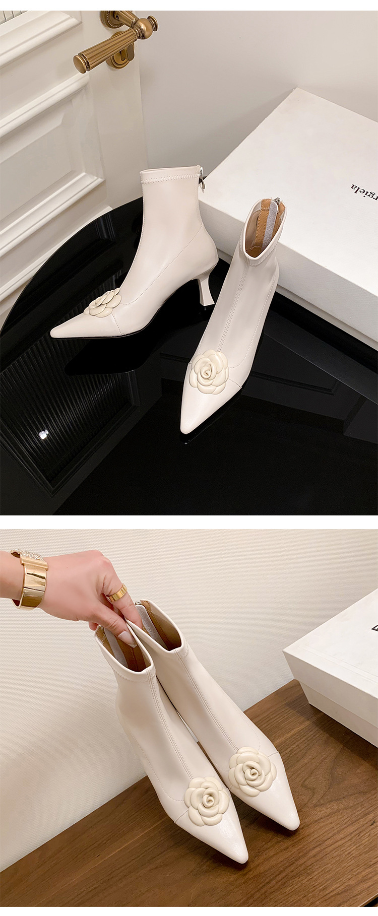 Boot nữ cổ thấp mũi nhọn phối màu thanh lịch, gót mỏng 6 cm, khóa kéo sau — màu đen, Màu trắng nhạt chi tiết 4