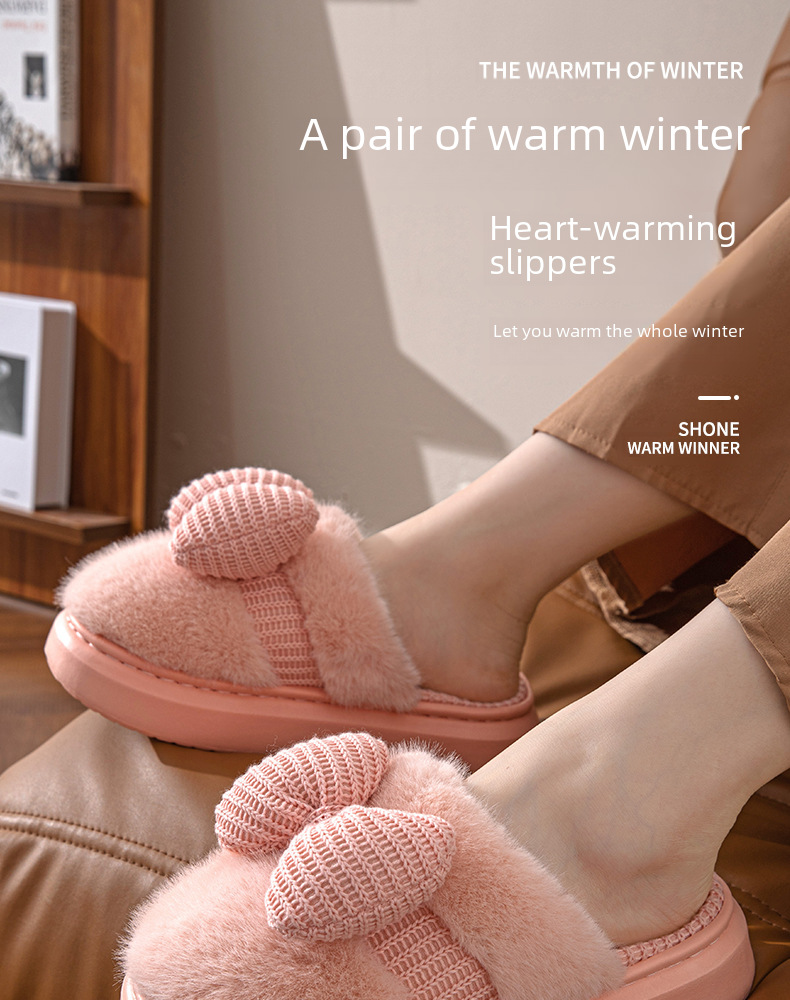 Nuove pantofole di cotone per la casa autunnali e invernali da donna con fiocco, per la casa, al coperto, spesse, in peluche, calde, antiscivolo, in cotone, all'ingrosso_voghion.com