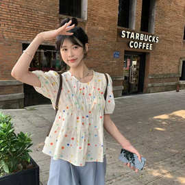 彩色波点短袖泡泡袖衬衫夏季新款韩版圆领压褶宽松显瘦女式上衣