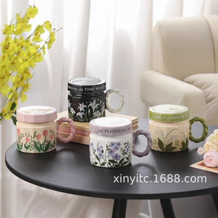 Flower Ceramic Cup High Color Value Drinking Cup with Lid and Spoon Large Capacity Girls High Sense Cup Niche Mug