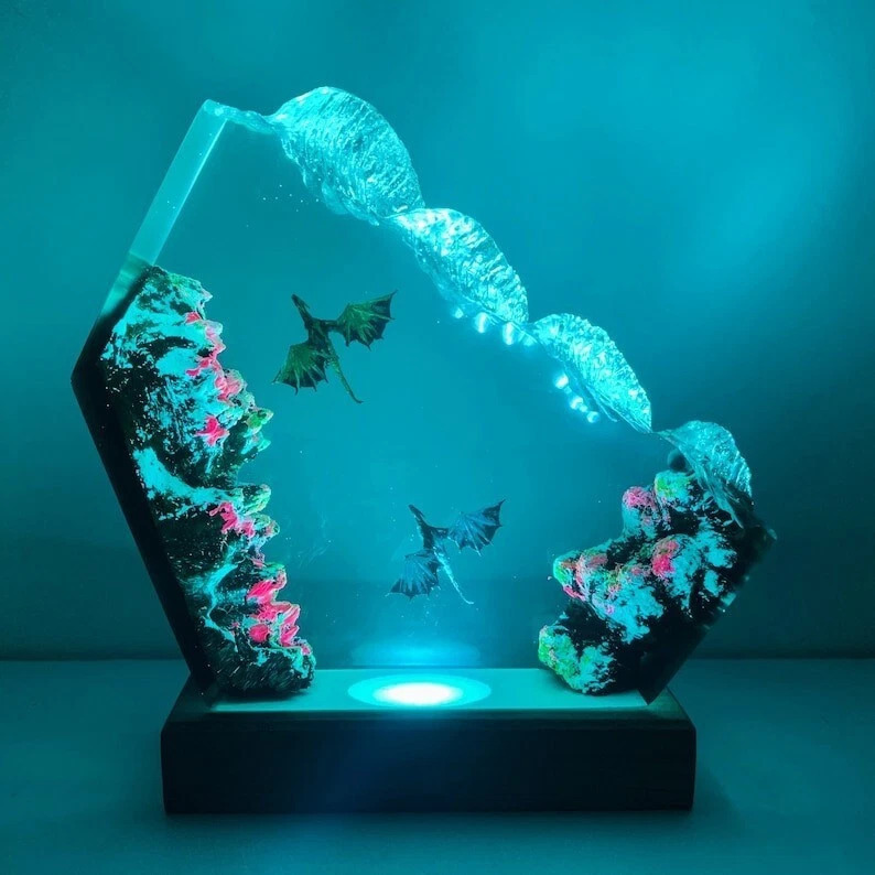 Amor transfronterizo resina epoxi artesanía de madera dragón de fuego y dragón de hielo lámpara de resina para regalos de vacaciones para la familia