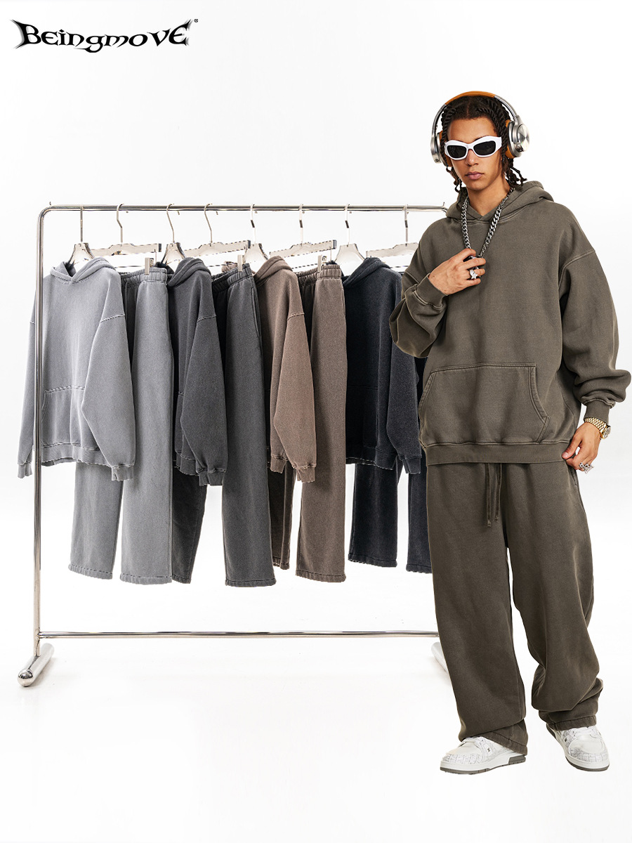 2025 Otoño e Invierno marca de moda americana de alta calidad suelta básica retro lavado sudadera de terciopelo traje casual para hombres