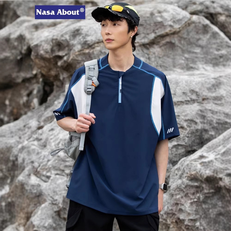 Nasa Ice Silk Cool Half-Zip Short-Sleeve Men's Summer New Outdoor Fashion Patchwork T-Shirt Versatile Sports Top Nasa Ice Silk Cool Half-Zip Short-Sleeve Men's Summer New Outdoor Fashion Patchwork T-Shirt Versatile Sports Top