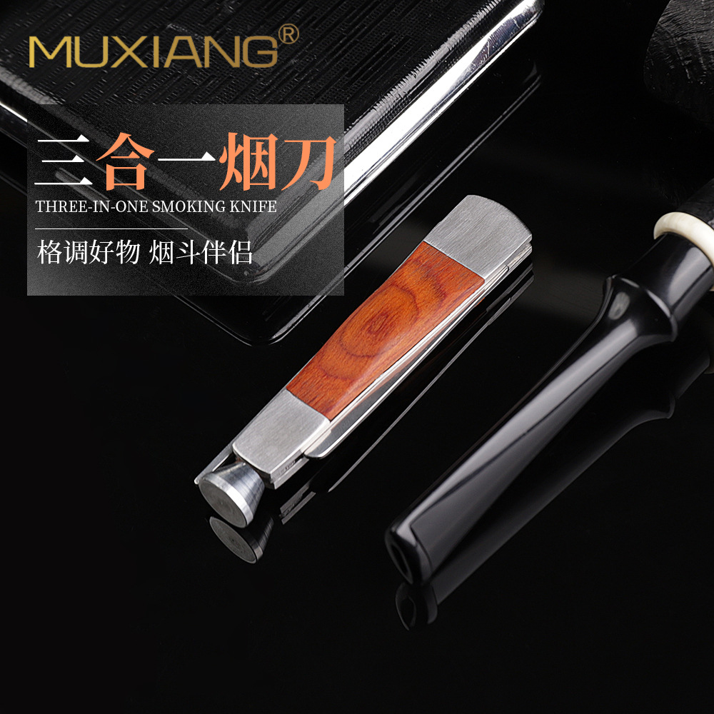 Wood Aroma Red Wood Straight-Shaped Pipe Tool Set with Pass-through Tool, Pass-through Needle Press Rod, Scraper Knife - Three-in-One Pipe Tool Kit, Factory Direct Supply