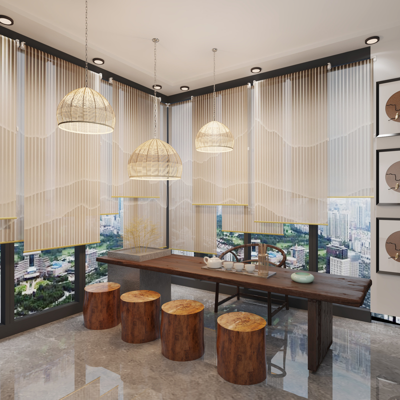 Chinese-style curtain office shutter soft partition hanging screen tea room multi-layer electric lifting curtain fabric semi-shading