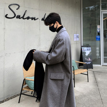 ASCLO韩版中性廓形加厚风衣翻领中长款过膝毛呢大衣休闲慵懒外套