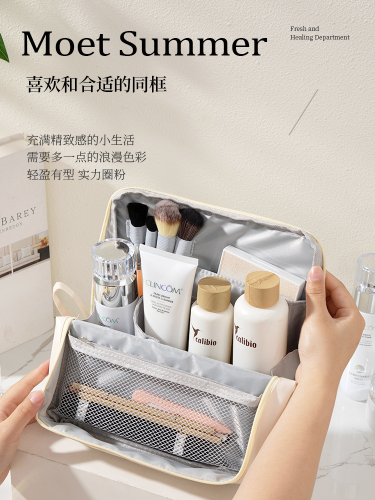 2025年新型PU化粧ポーチ 大容量 ハンドバッグ型 持ち運び便利 旅行必需品 分割式ペンケース 洗面用具入れ