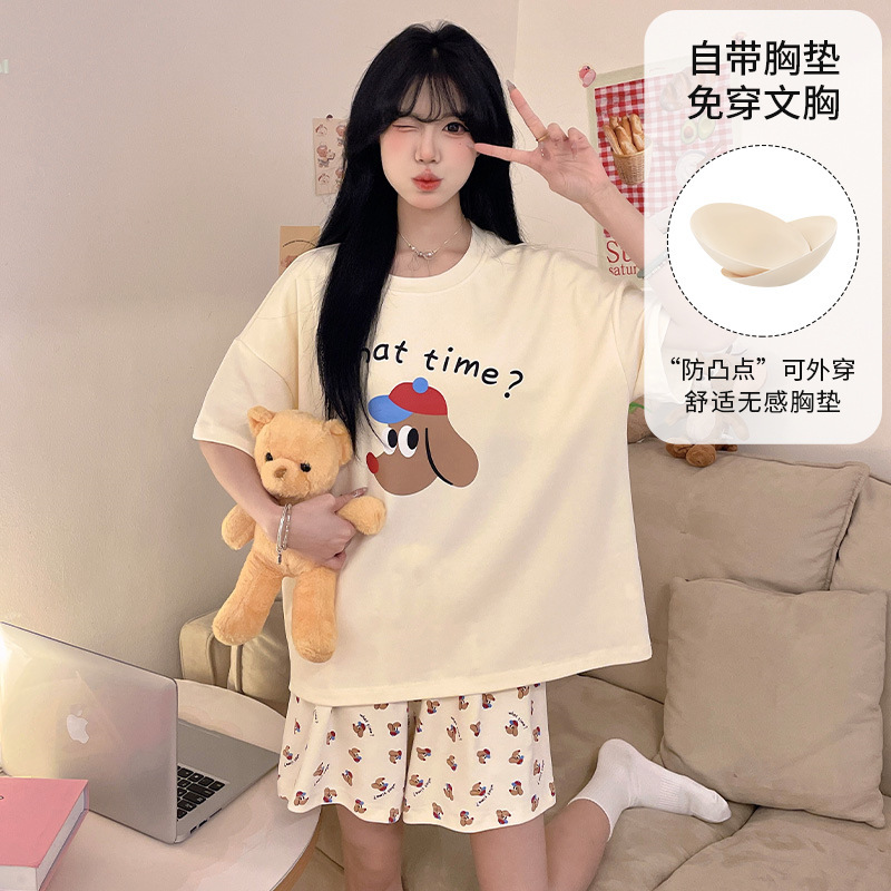 Summer Pajamas for Girls Cartoon Cute Puppy Short-Sleeved Shorts with Chest Pads Casual and Comfortable Home Clothes Summer Suit