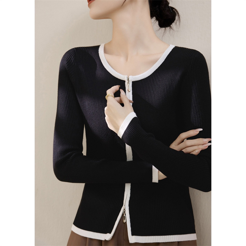 2025 nuevo diseño transfronterizo de cremallera de cuello redondo chaqueta de punto de camisa corta de mujer color corto cardigan de manga larga suéter