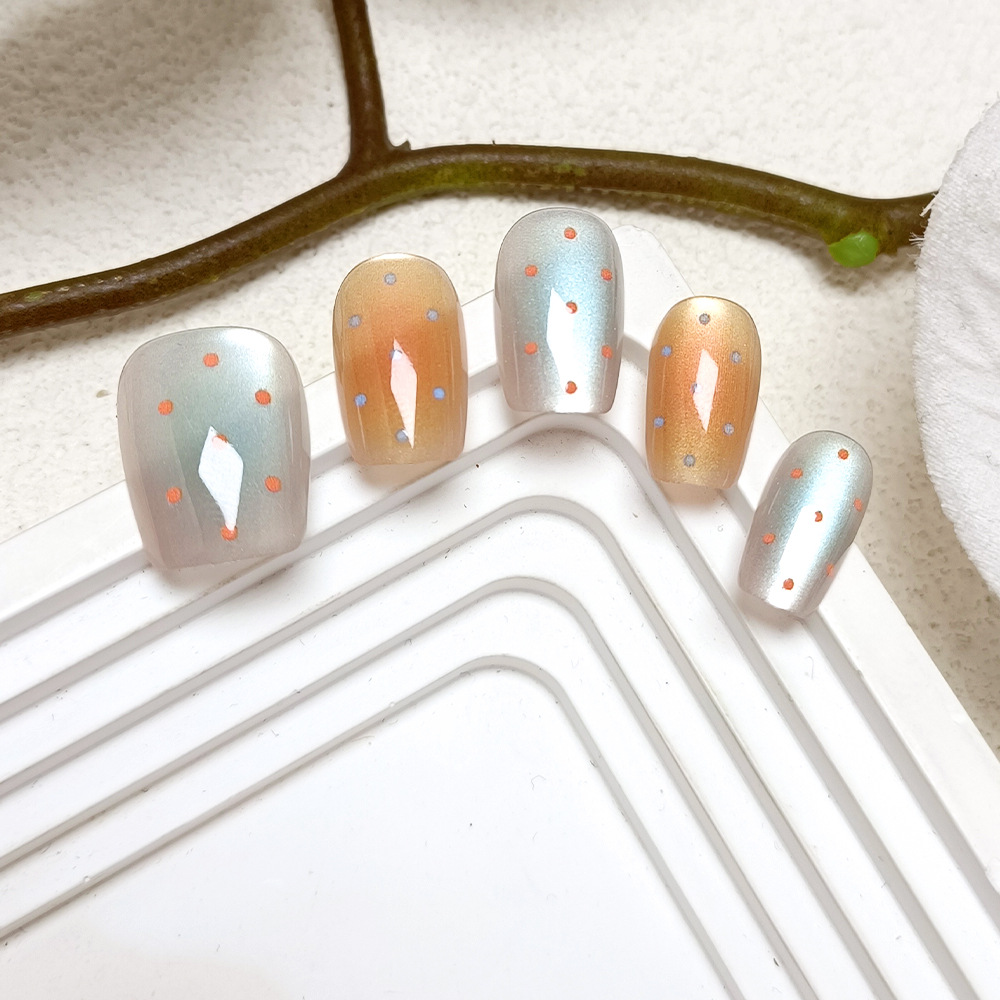 10 piezas de puntas de uñas con efecto ojo de gato, uñas postizas cortas, cónicas y translúcidas, uñas postizas hechas a mano con diseño de estrellas.