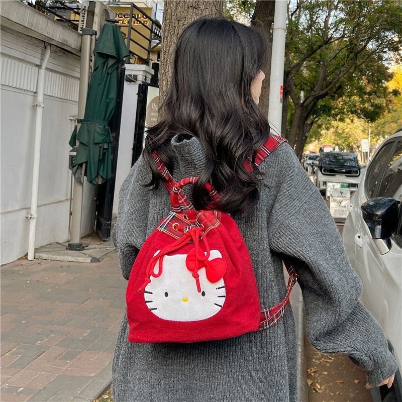 Japanese Style Cute Hello Kitty Retro Red Plaid Plush Backpack Preppy Style Super Christmas Small Backpack for Women