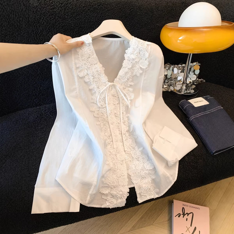 French V Neck Lace Embroidered Jacquard Shirt for Women, Long-Sleeved Early Spring New Design, Elegant Casual Top