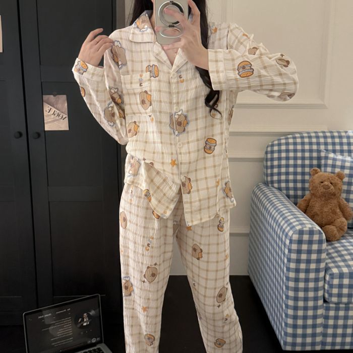 Al por mayor transfronterizo primavera y otoño nuevo pijama de mujer nubes de algodón pantalones de manga larga dulce dibujos animados se puede usar ropa de casa conjunto